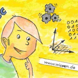 Zeichnung eines Kindes um das herum Buchstaben, ineinander greifende Zahnräder, ein Koordinatensystem, binäre Zahlen und eine Internetadresse gruppiert sind; Zeichnung (c) Uwe Johnson-Bibliothek