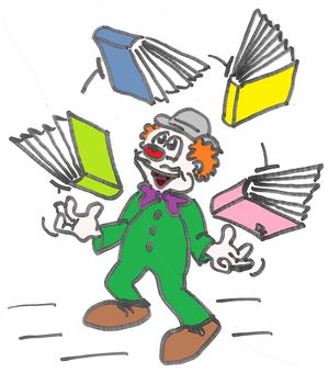 Zeichnung eines Clowns, der mit Büchern jongliert