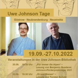 Plakat für die Uwe Johnson Tage 2022 mit den Veranstaltungen am 20. und 22. September und Fotografien von Benjamin Quaderer und Torsten Schulz