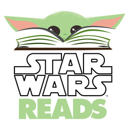Logo mit dem Schriftzug Star Wars Reads, darüber ein von der oberen Seite zu sehendes aufgeschlagenes Buch, über dessen Rand die Figur des Grogu schaut, (c) Dorling Kindersley