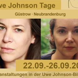 Ausschnitt vom Plakat zu den Uwe Johnson Tagen 2025 mit den Autorenfotos von Iris Wolff (rechts, (c) M. Gödecke) und Ulla Lenze (links, (c) J. Menant)